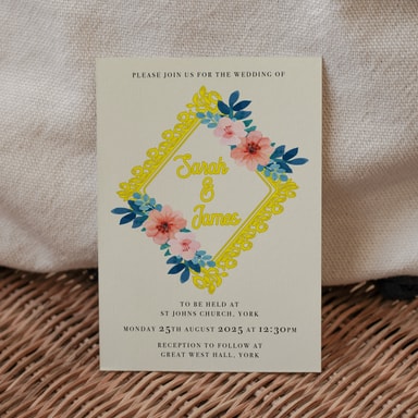 Vintage Floral Yellow Wedding Invitation on Cream Card