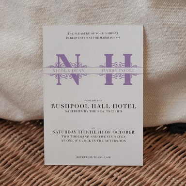 Vintage Monogram Amethyst Wedding Invitation on White Card
