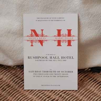 Vintage Monogram Apple Red Wedding Invitation on White Card