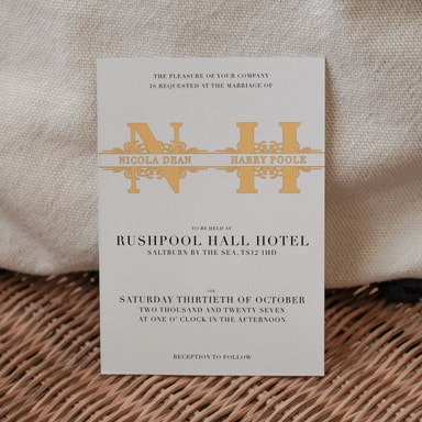 Vintage Monogram Apricot Wedding Invitation on White Card