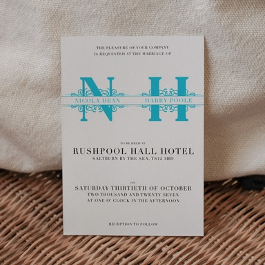 Vintage Monogram Aqua Blue Wedding Invitation on White Card