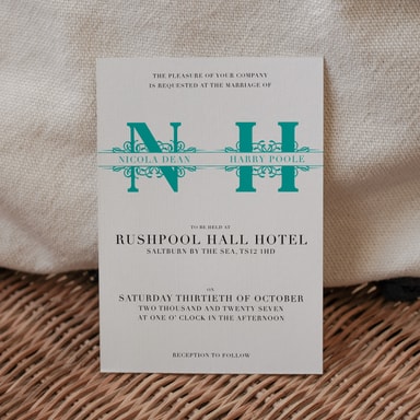 Vintage Monogram Aquamarine Wedding Invitation on White Card