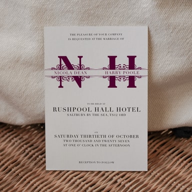 Vintage Monogram Aubergine Wedding Invitation on White Card