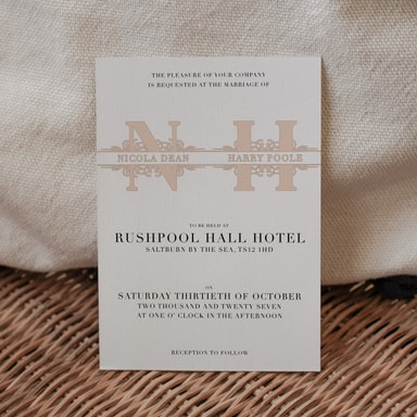 Vintage Monogram Beige Wedding Invitation on White Card