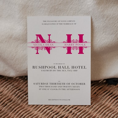 Vintage Monogram Bright Pink Wedding Invitation on White Card