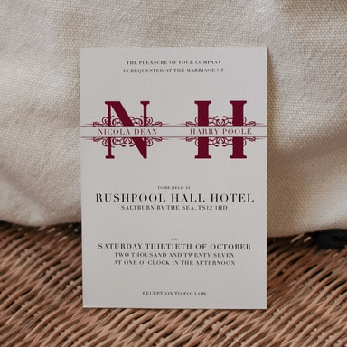 Vintage Monogram Burgundy Wedding Invitation on White Card