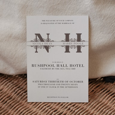 Vintage Monogram Charcoal Wedding Invitation on White Card