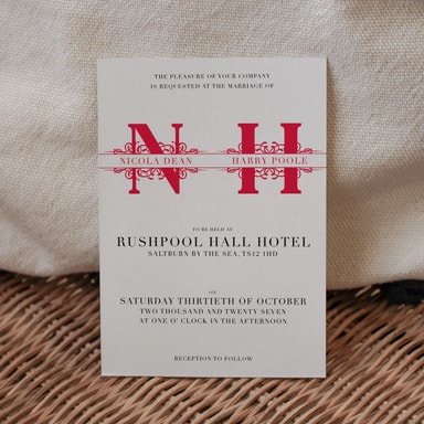 Vintage Monogram Cherry Wedding Invitation on White Card