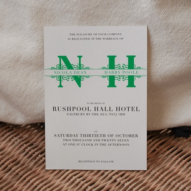 Vintage Monogram Clover Green Wedding Invitation on White Card