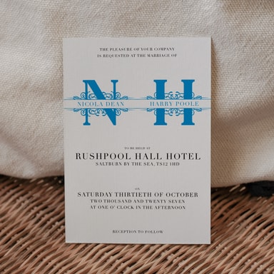 Vintage Monogram Cobalt Blue Wedding Invitation on White Card