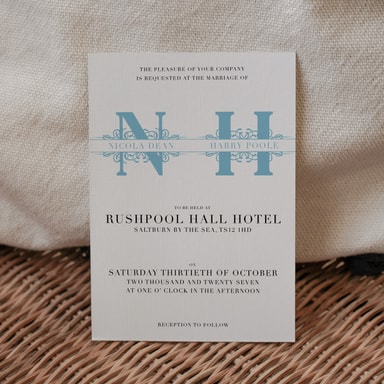 Vintage Monogram Duck Egg Blue Wedding Invitation on White Card