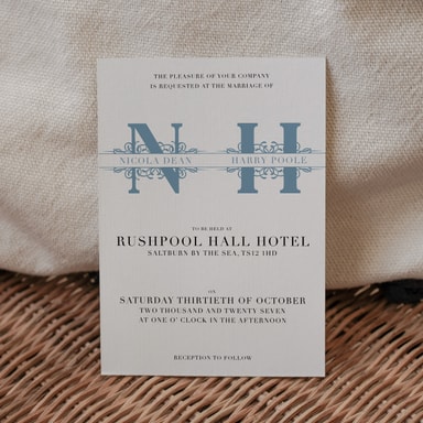 Vintage Monogram Dusty Blue Wedding Invitation on White Card