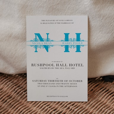 Vintage Monogram Electric Blue Wedding Invitation on White Card