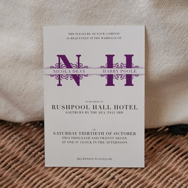 Vintage Monogram Grape Wedding Invitation on White Card