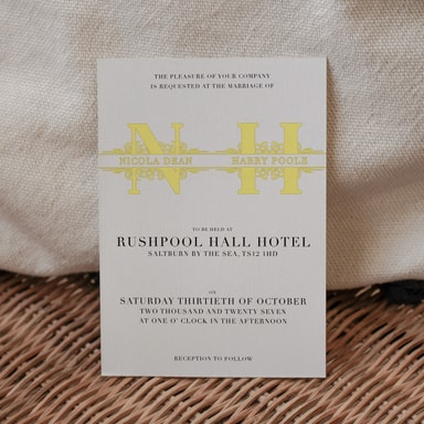 Vintage Monogram Lemon Wedding Invitation on White Card