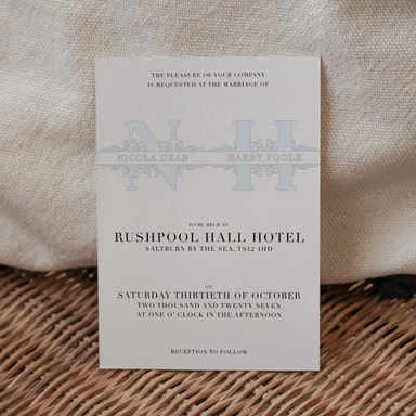 Vintage Monogram Light Blue Wedding Invitation on White Card