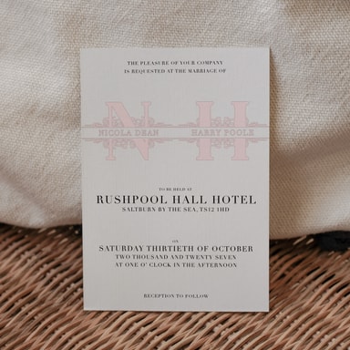 Vintage Monogram Light Pink Wedding Invitation on White Card
