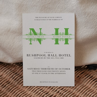 Vintage Monogram Lime Green Wedding Invitation on White Card