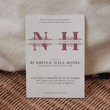 Vintage Monogram Mauve Wedding Invitation on White Card