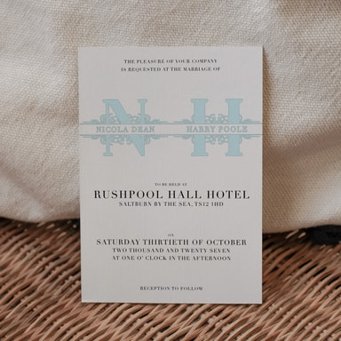Vintage Monogram Pale Blue Wedding Invitation on White Card