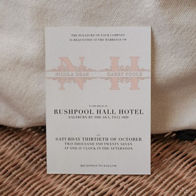 Vintage Monogram Pale Pink Wedding Invitation on White Card