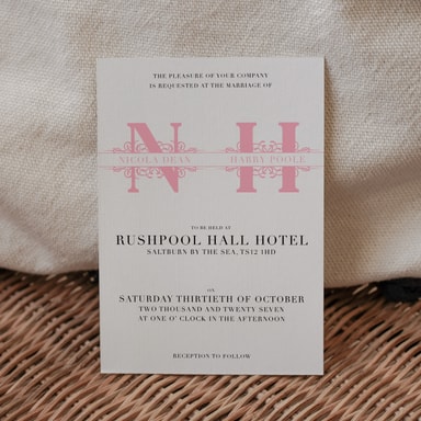 Vintage Monogram Pastel Pink Wedding Invitation on White Card
