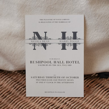 Vintage Monogram Pewter Wedding Invitation on White Card