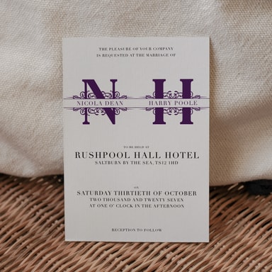 Vintage Monogram Plum Wedding Invitation on White Card