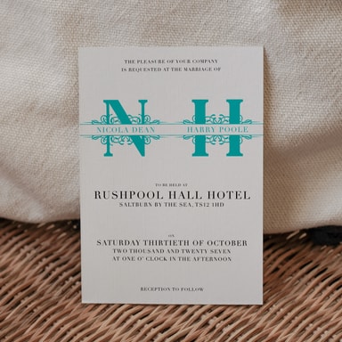 Vintage Monogram Pool Blue Wedding Invitation on White Card
