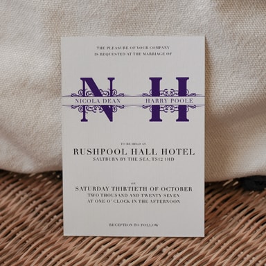 Vintage Monogram Regency Purple Wedding Invitation on White Card