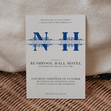 Vintage Monogram Royal Blue Wedding Invitation on White Card