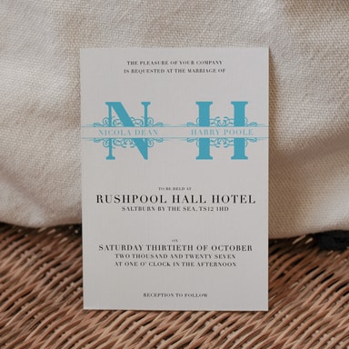 Vintage Monogram Sky Blue Wedding Invitation on White Card