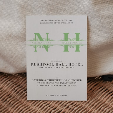 Vintage Monogram Spring Green Wedding Invitation on White Card