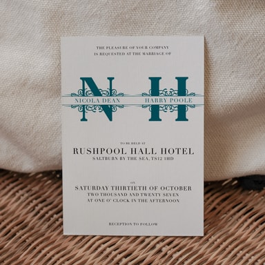 Vintage Monogram Teal Green Wedding Invitation on White Card