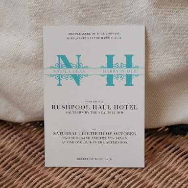 Vintage Monogram Turquoise Wedding Invitation on White Card