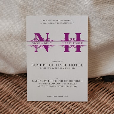 Vintage Monogram Violet Wedding Invitation on White Card