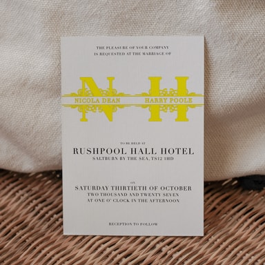 Vintage Monogram Yellow Wedding Invitation on White Card