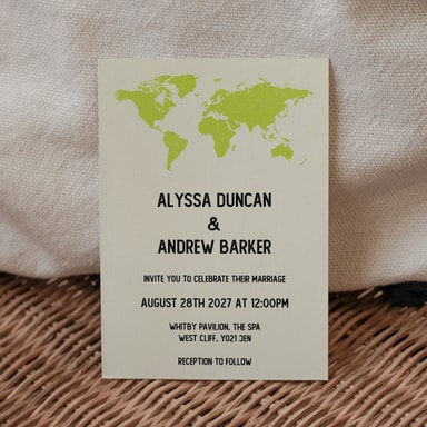 Vintage World Traveller Map Apple Green Wedding Invitation on Cream Card