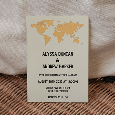 Vintage World Traveller Map Apricot Wedding Invitation on Cream Card
