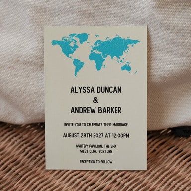 Vintage World Traveller Map Aqua Blue Wedding Invitation on Cream Card