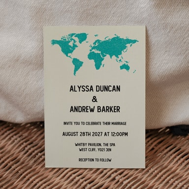 Vintage World Traveller Map Aquamarine Wedding Invitation on Cream Card