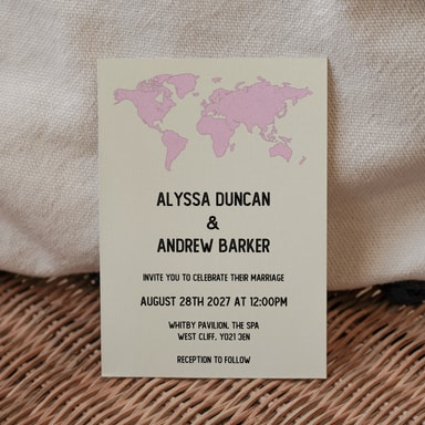 Vintage World Traveller Map Baby Pink Wedding Invitation on Cream Card
