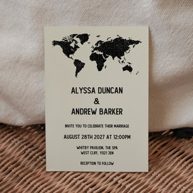 Vintage World Traveller Map Black Wedding Invitation on Cream Card