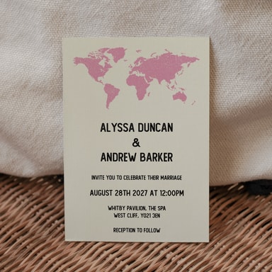 Vintage World Traveller Map Blush Pink Wedding Invitation on Cream Card