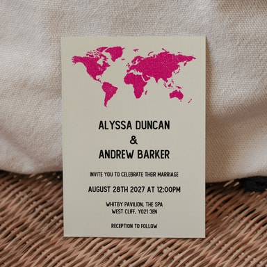 Vintage World Traveller Map Bright Pink Wedding Invitation on Cream Card