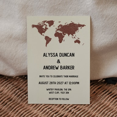 Vintage World Traveller Map Brown Wedding Invitation on Cream Card