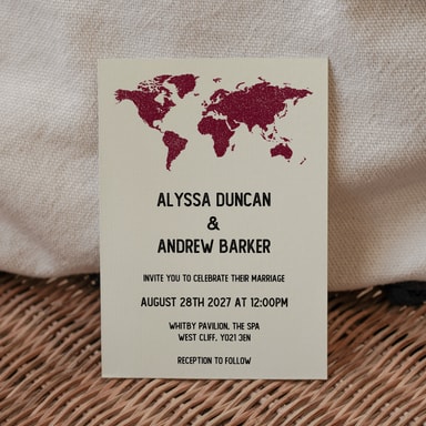 Vintage World Traveller Map Burgundy Wedding Invitation on Cream Card