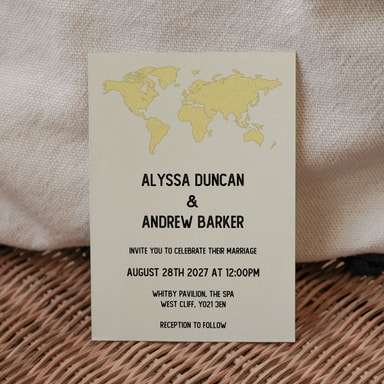 Vintage World Traveller Map Canary Yellow Wedding Invitation on Cream Card