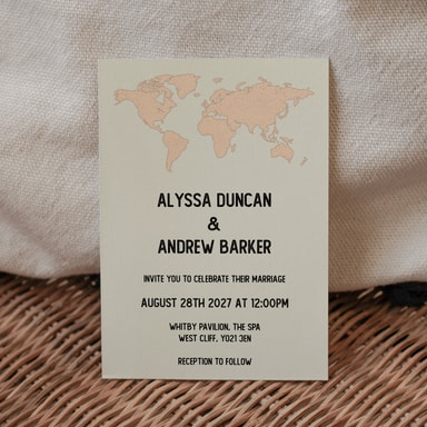 Vintage World Traveller Map Champagne Wedding Invitation on Cream Card
