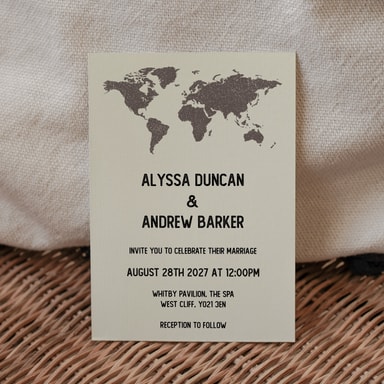 Vintage World Traveller Map Charcoal Wedding Invitation on Cream Card